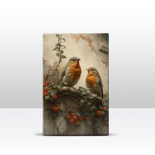 Load image into Gallery viewer, Laqueprint - Two robins in front of an old wall - Hand lacquered - 19.5 x 30 cm - LP386