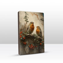 Load image into Gallery viewer, Laqueprint - Two robins in front of an old wall - Hand lacquered - 19.5 x 30 cm - LP386