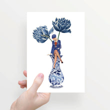 Load image into Gallery viewer, Greeting card folded in half with a lady's envelope on a blue vase