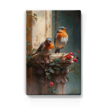 Load image into Gallery viewer, LaquePrint - Two Robins, Red Roses in the Morning Sun-Handlacquered - 19.5 x 30 cm - LP402