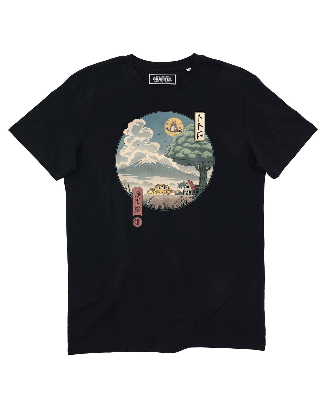 Totoro Ukiyo-e T-shirt - Totoro graphic tee: Black / S