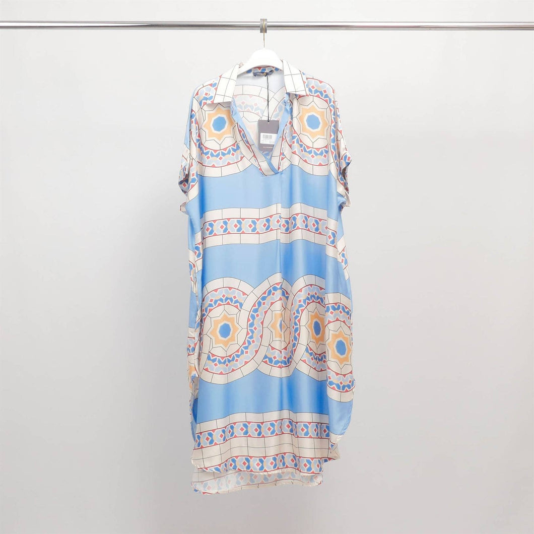 Satin midi dress with geometric print KD6917VS-17: Blue