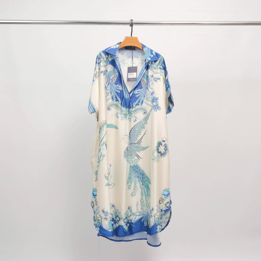 Satin dress with phoenix pattern KD9118VS: Navy Blue