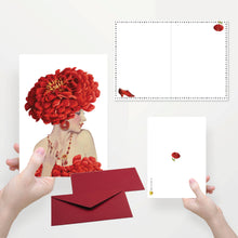 Load image into Gallery viewer, Double folded greeting card with lady in red
