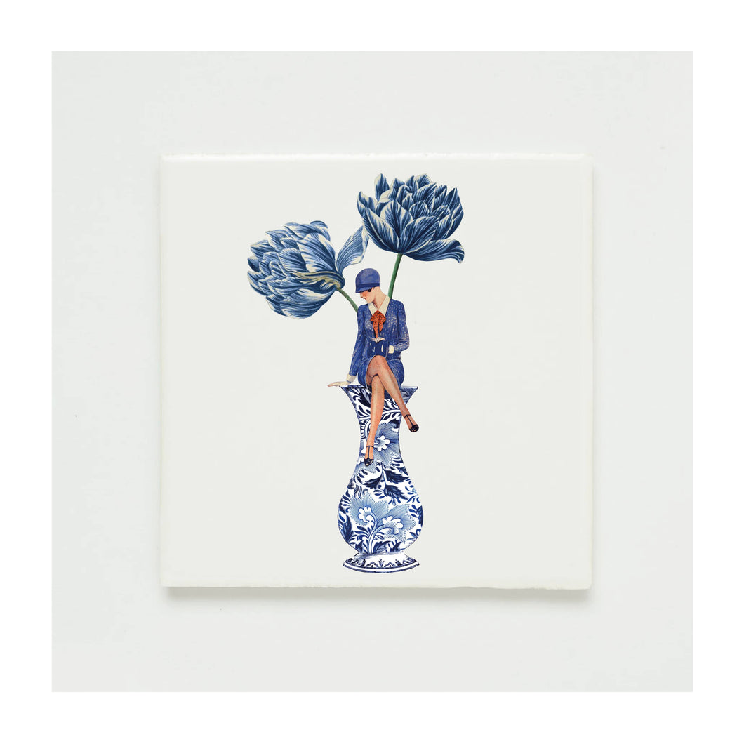 Wall tile collage lady in vase with tulips