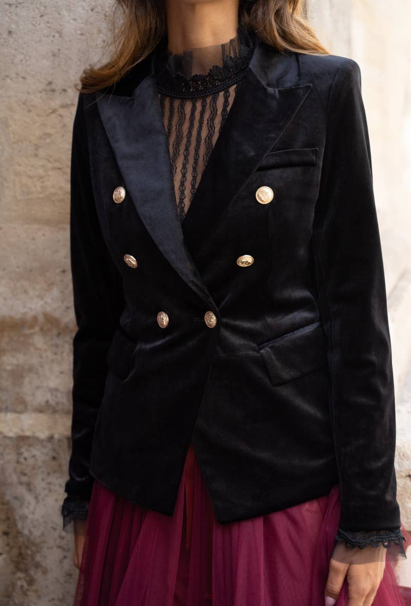 Double-breasted velvet blazer jacket with gold buttons