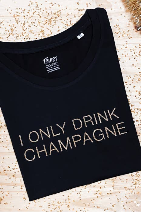 Women's T-shirt - I Only Drink Champagne - Glitter: XL / Black