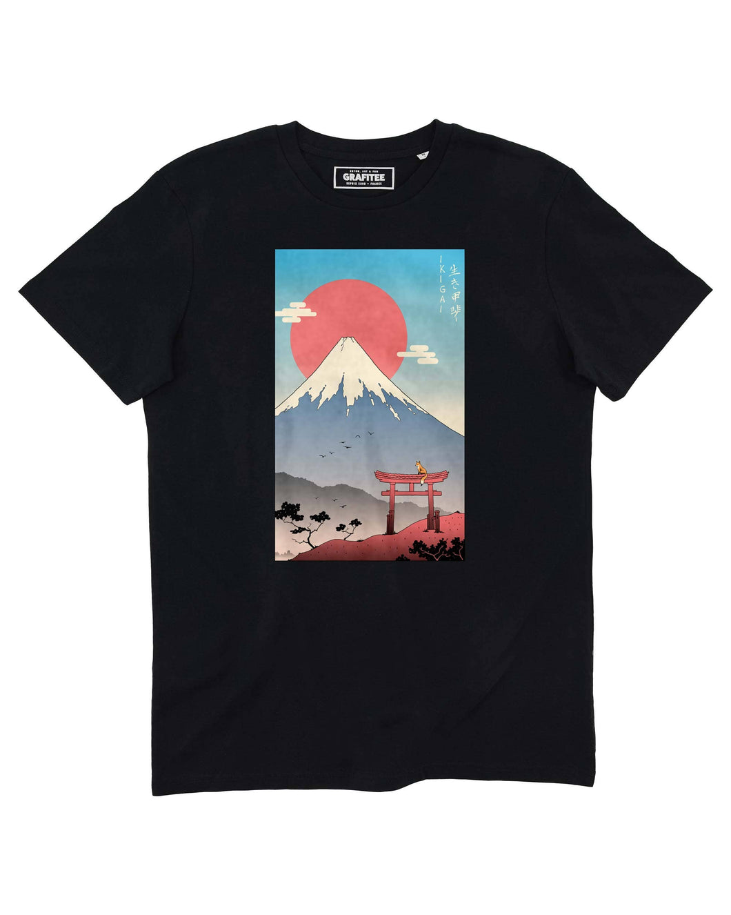 Mount Fuji Ikigai T-shirt - Japanese artistic t-shirt: Black / Organic, Plastic-free, Vegan / XXXL
