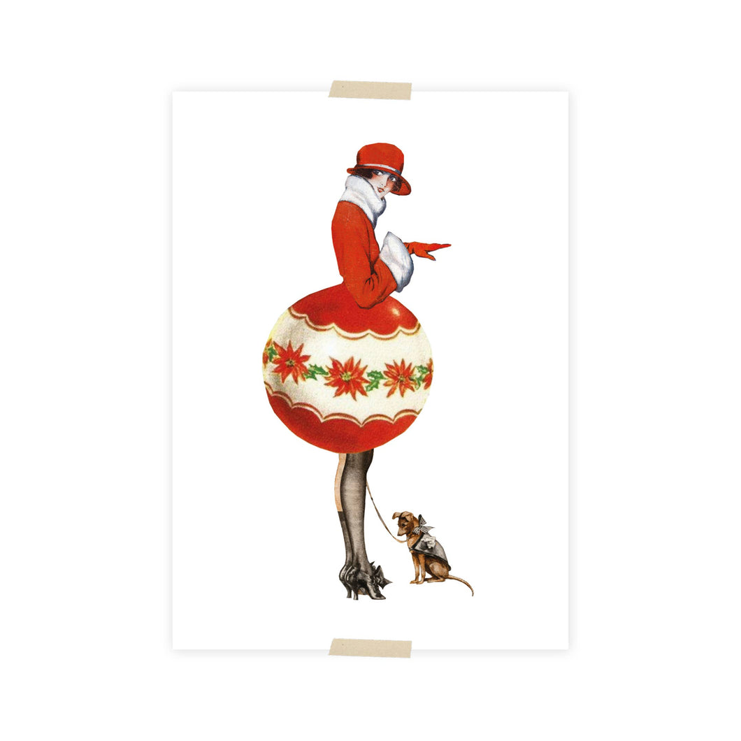 Christmas Postcard collage lady with christmas ball dress
