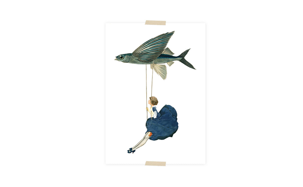 Postcard collage girl hanging from flying fish