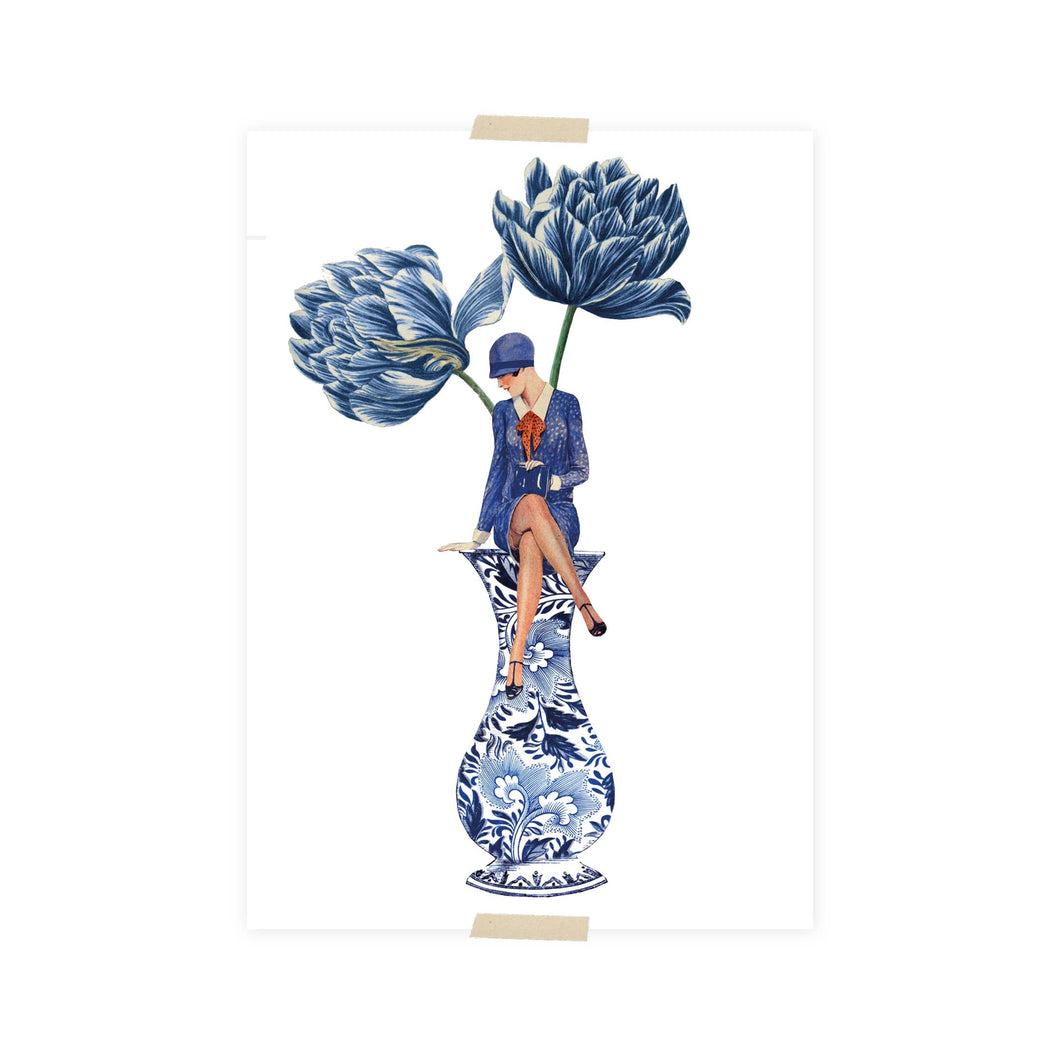 Postcard collage lady in a vase and blue tulips