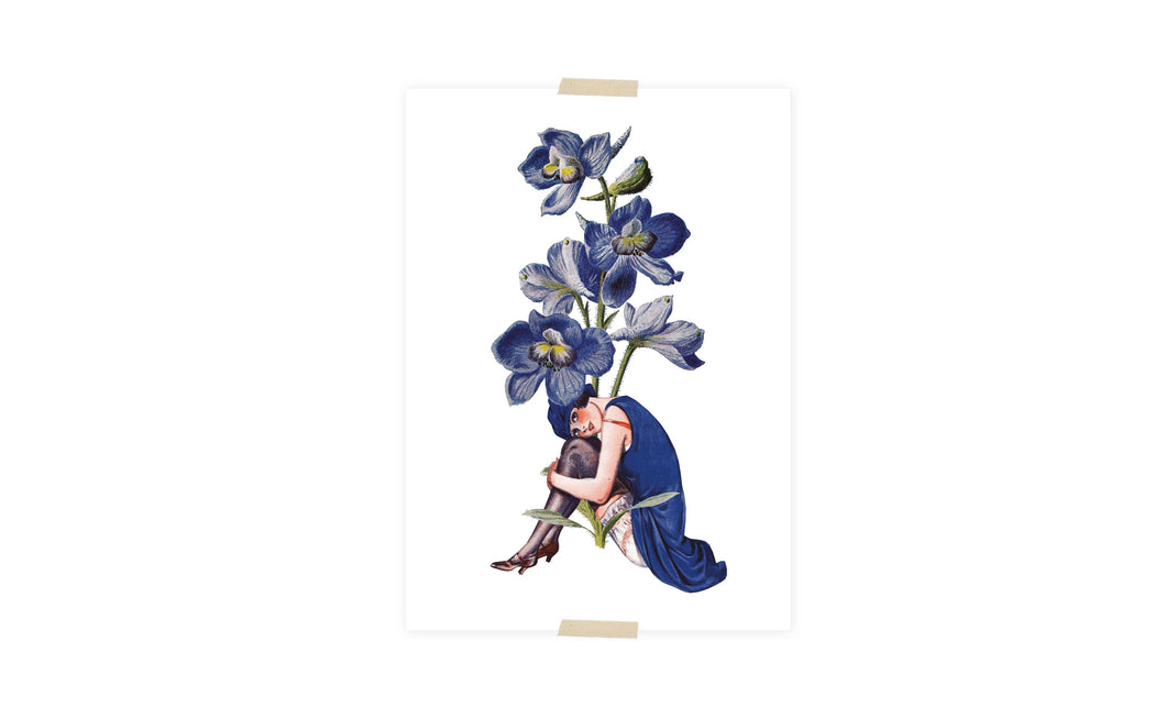 Postcard collage girl sitting under blue iris