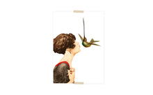 Load image into Gallery viewer, Postcard collage, little lady kissing hummingbird
