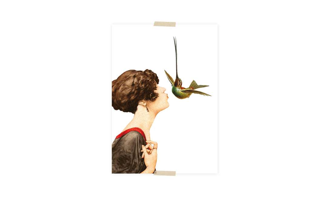 Postcard collage, little lady kissing hummingbird