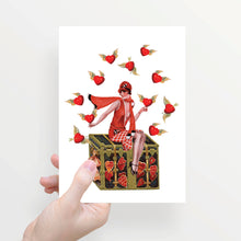 Load image into Gallery viewer, Greeting card folded in half with envelope, lady catches hearts

