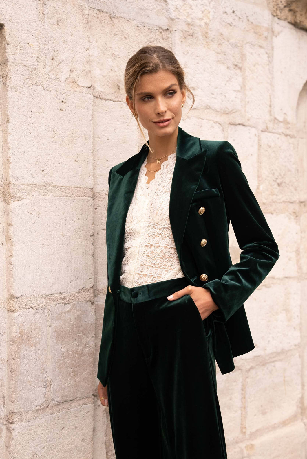 Double-breasted velvet blazer jacket with gold buttons - V1721N: 1S-1M-1L-1XL / Green