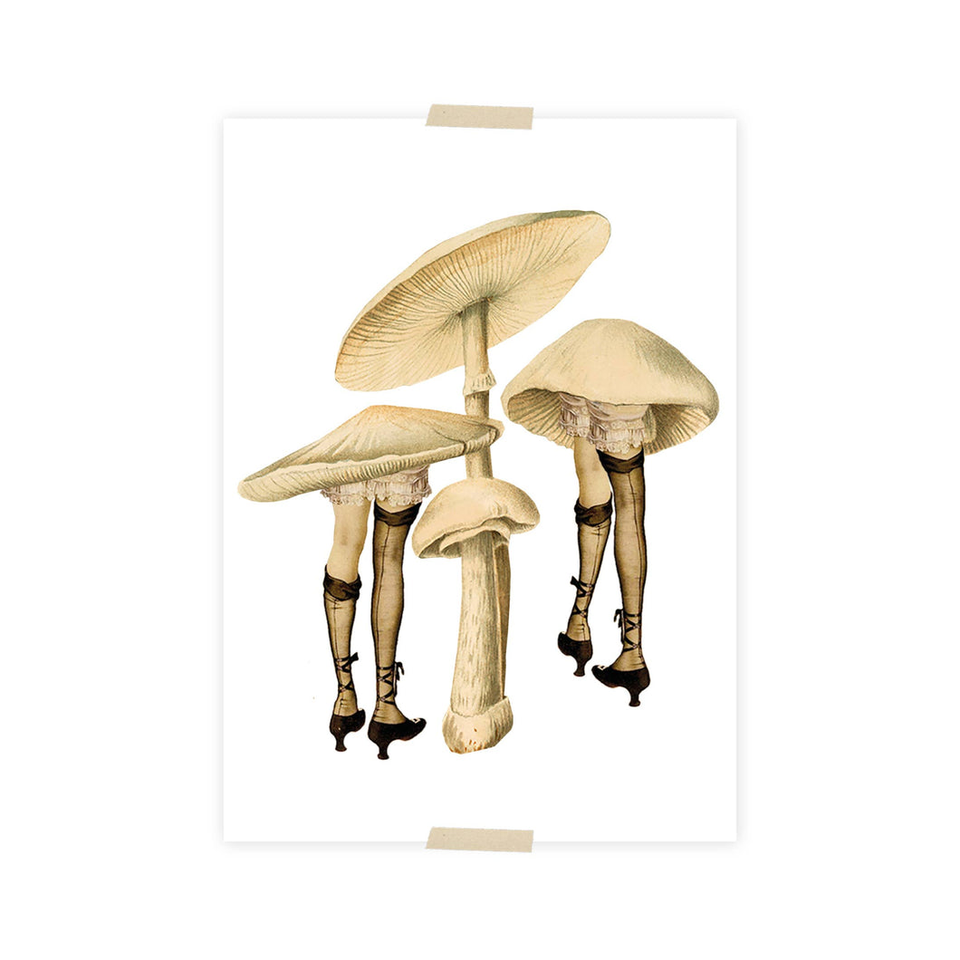 Postcard collage mushrooms with legs