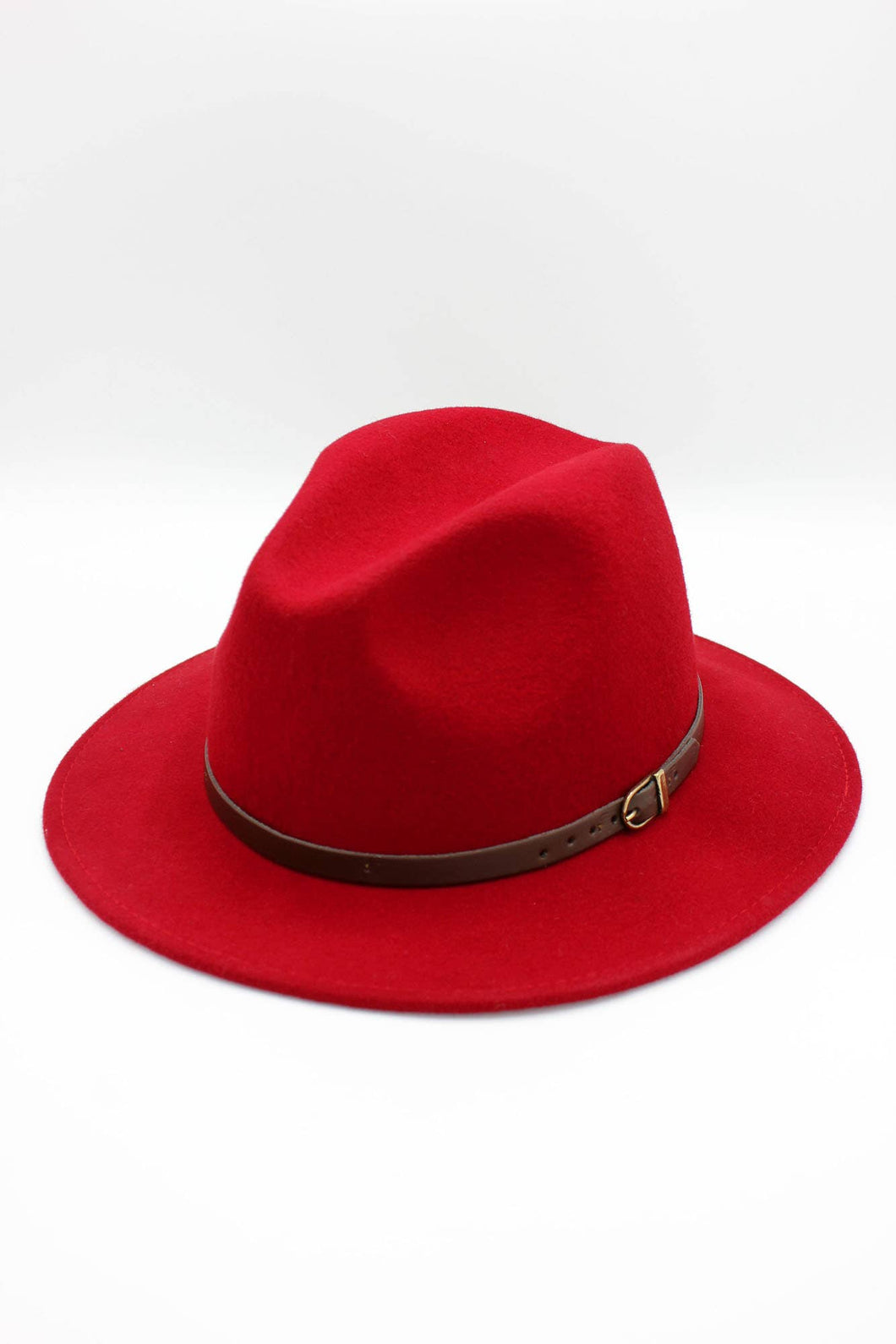 Classic Wool Fedora Hat with Belt: 57 / Red