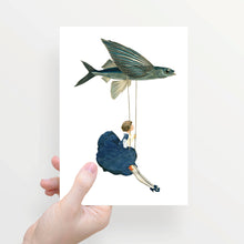 Load image into Gallery viewer, Double folded greeting card with envelope for a lady flying fish
