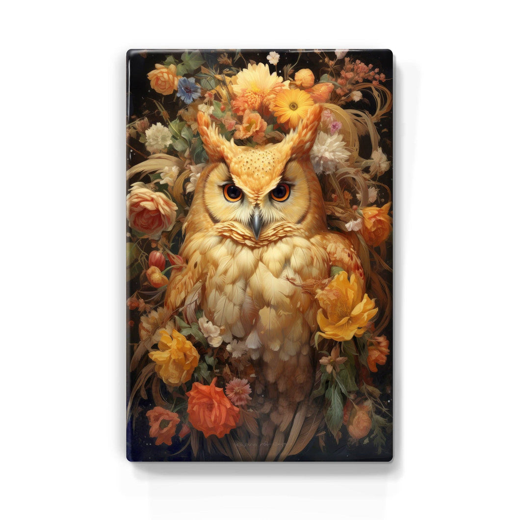 Orange Owl with flowers - Laqueprint - 19.5 x 30 cm - LP343