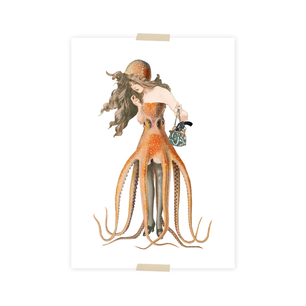 Postcard collage girl with octopus dress