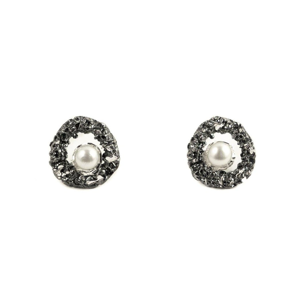 Oxidized Silver Earrings With Diamond Dust And Pearls - ArtLofter