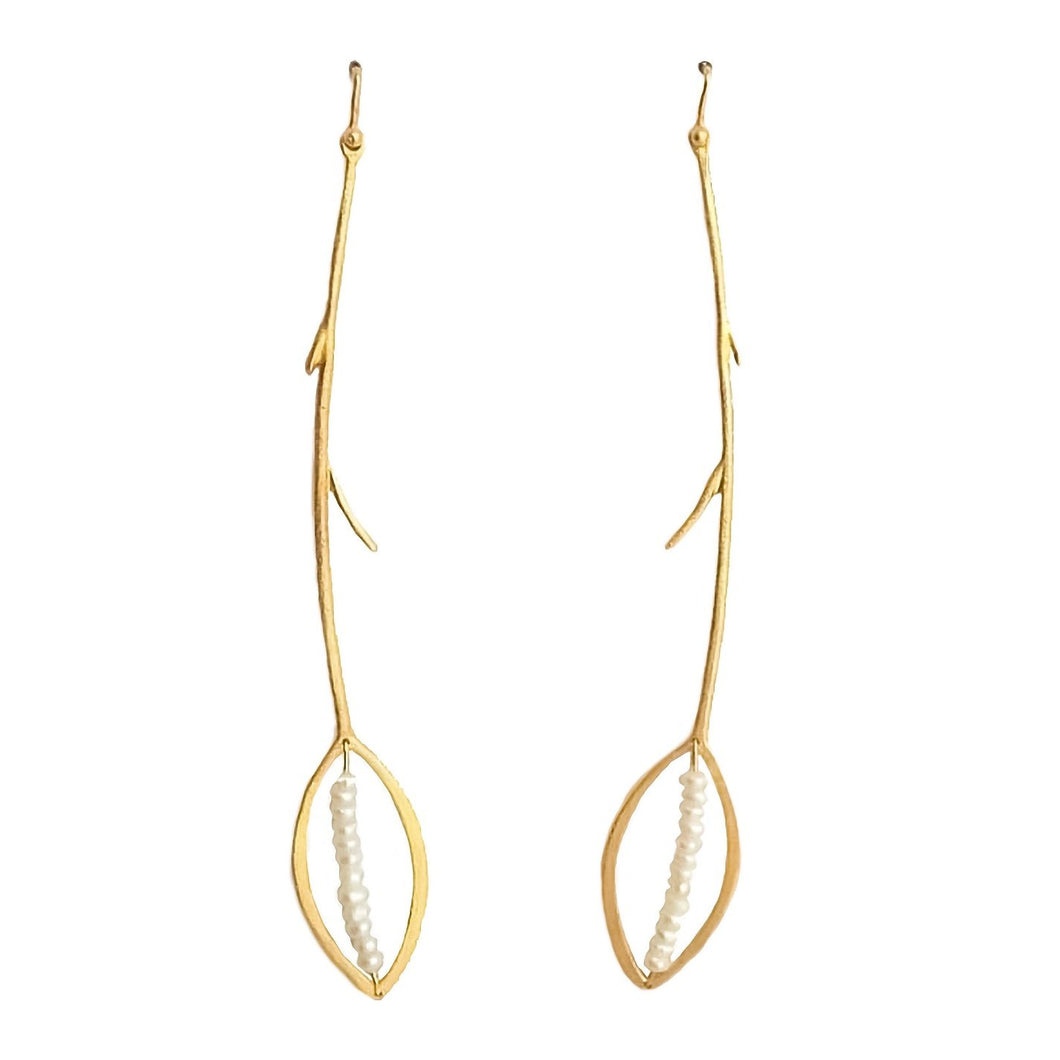 Gold Plated Leaf Earrings With River Pearls - ArtLofter