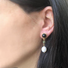 Load image into Gallery viewer, Onyx, Green Amethyst &amp; Pearl Earrings
