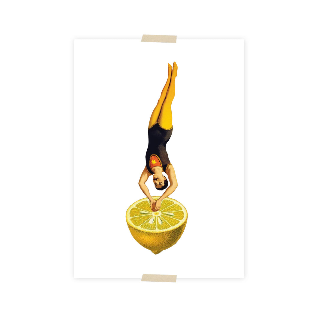 Postcard collage acrobat diving in lemon