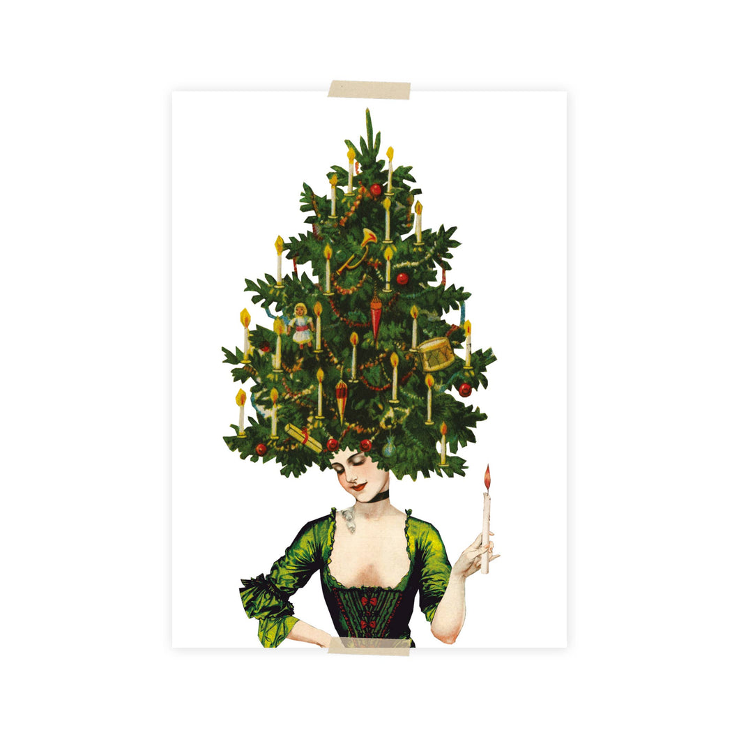 Christmas Postcard collage lady Christmas tree hair