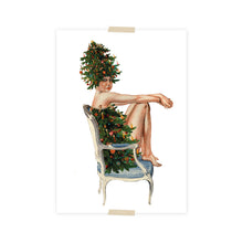 Load image into Gallery viewer, Christmas Postcard collage lady in chair christmas tree dress
