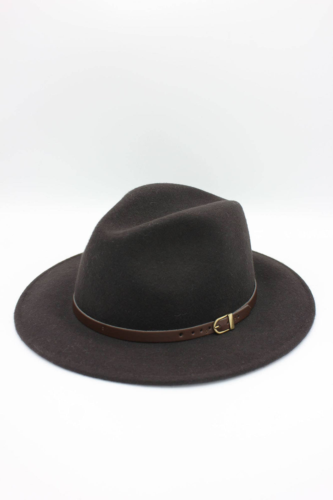 Classic Wool Fedora Hat with Belt: 59 / Brown