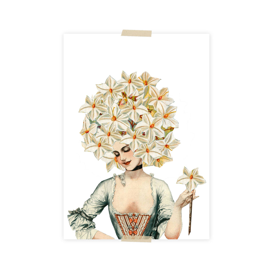 Postcard collage 17th century lady with flower head