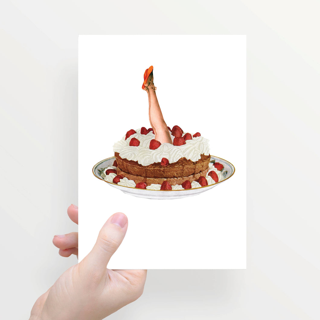 Greeting card folded in half with envelope cake with legs